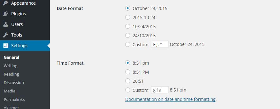 Wordpress time and date format